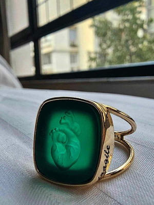 Fragile green onyx heart ring, 14k solid gold
