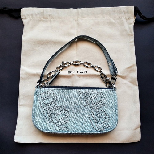 By Far Rachel Mini Bag New Denim Print with BF Logo Studs