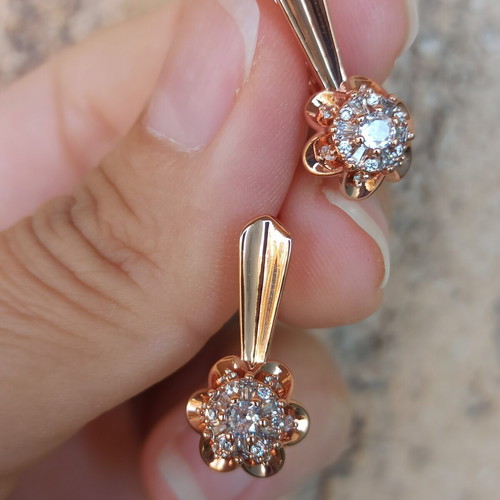 Flower design earrings with zircon, 14K gold plated copper, rose gold