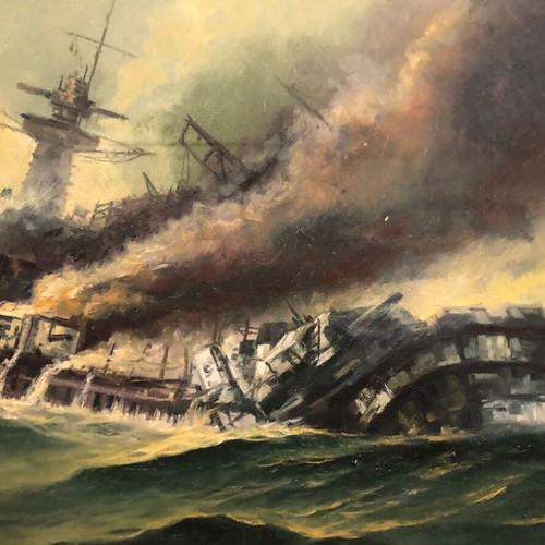 Fotis Kotsinas oil painting used, battle scene of German battleship Bismarck