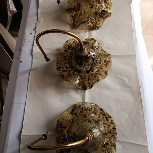 Blown glass ceiling light shades, set of 3, honey color with bronze arms