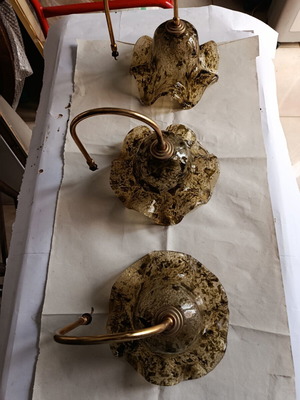 Blown glass ceiling light shades, set of 3, honey color with bronze arms