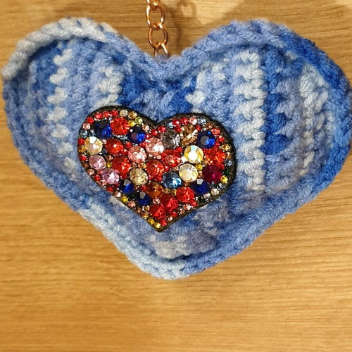 Heart-shaped blue ombre charm keychain with colorful rhinestones handmade new