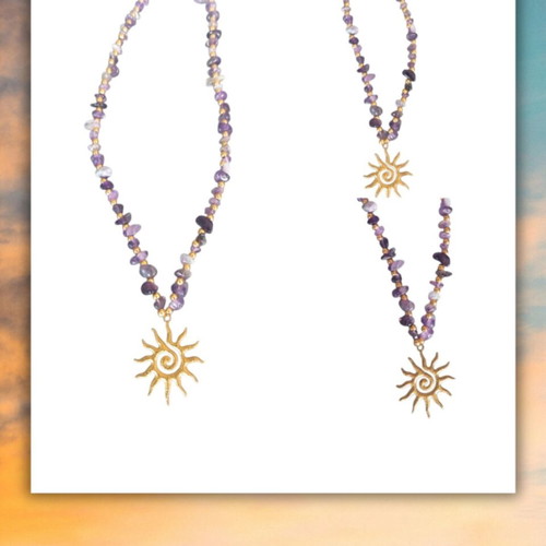 Boho Necklace with Purple Semi-Precious Beads and Sun Pendant like new