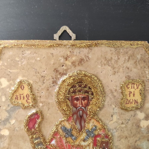 Saint Spyridon Religious Icon like new, marble with gold embroidery
