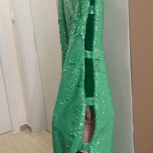 Stefania Vaidani green dress with sequins and side slits, new, size S
