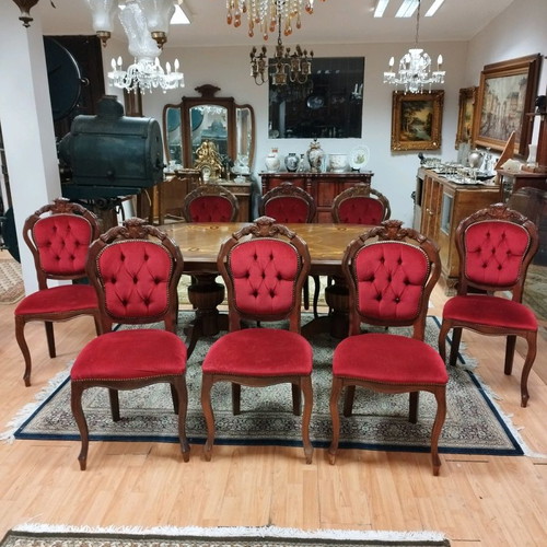 Marqueterie dining table set used with eight chairs