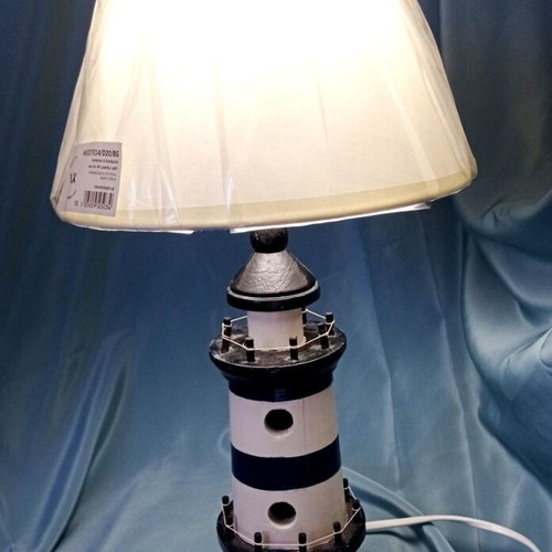 Wooden table lamp lighthouse with new lampshade and LED bulb like new