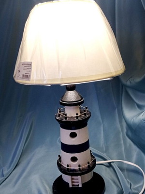Wooden table lamp lighthouse with new lampshade and LED bulb like new