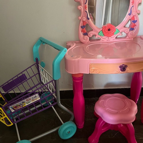 Vanity with Light and Sound Mirror and Used Supermarket Cart
