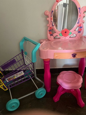 Vanity with Light and Sound Mirror and Used Supermarket Cart