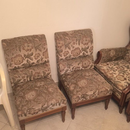 Velvet sofa set with 4 armchairs and 3 tables, carved beech wood