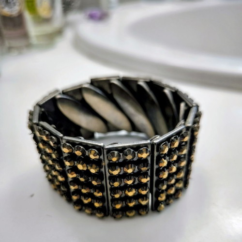 Statement bracelet cuff vintage 1980 used, brown and gold tone