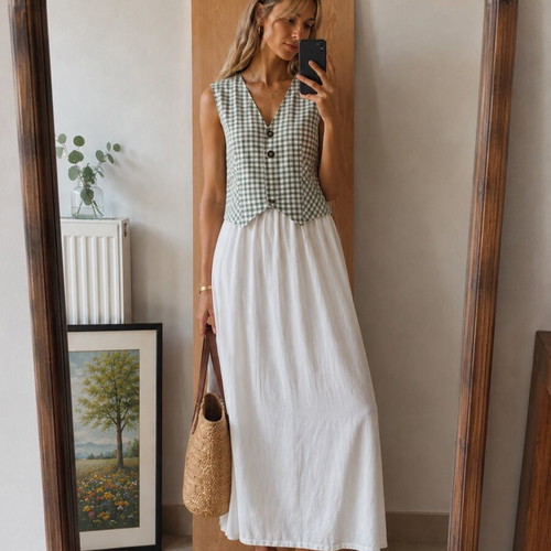 Landhausmode Grosche vintage linen checked vest size 40
