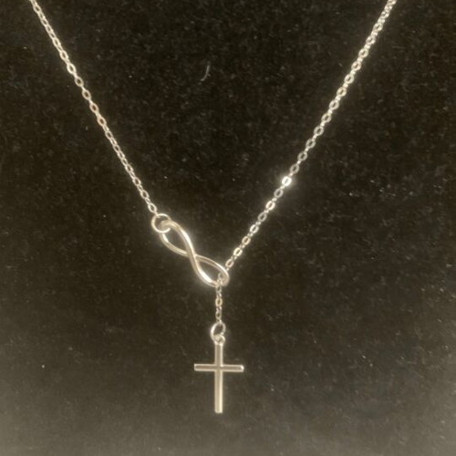 Steel necklace with cross and infinity symbol, new, silver color