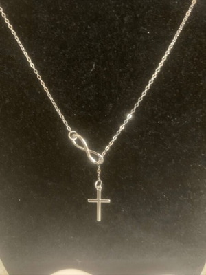 Steel necklace with cross and infinity symbol, new, silver color