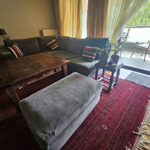 Corner sofa used, solid beech wood, gray, with ottoman extension
