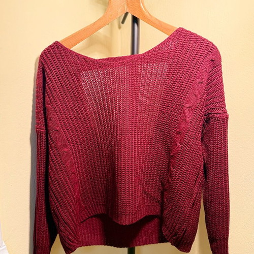 Knitted burgundy sweater with open back, like new