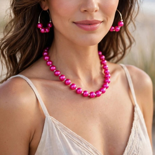 Handmade hot pink summer necklace and earrings set new