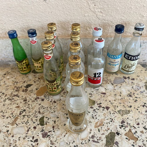 Collectible vintage miniature bottles used, set of 15, Metaxa and Ouzo