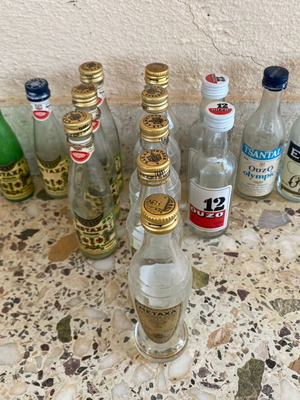 Collectible vintage miniature bottles used, set of 15, Metaxa and Ouzo
