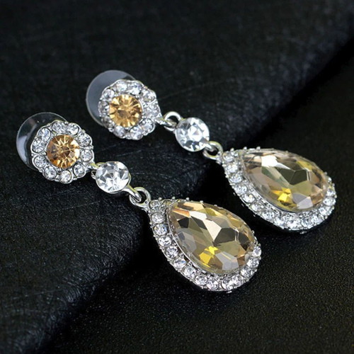 Earrings with champagne crystals new, quartz, silver-plated metal