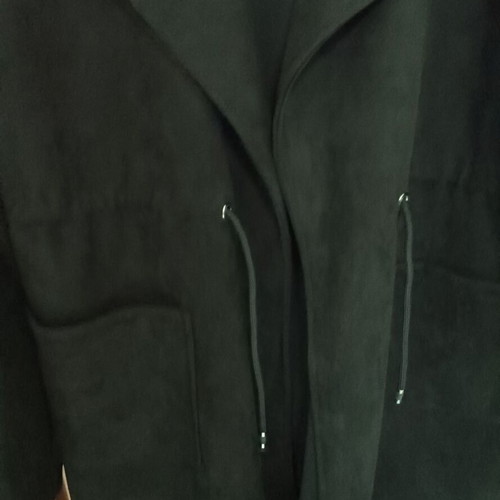 Women's black suede-effect coat with belt and buttons