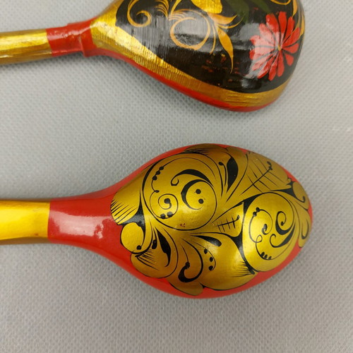 Old Hand-Painted Set of Two Russian Khokhloma Wooden Spoons Used