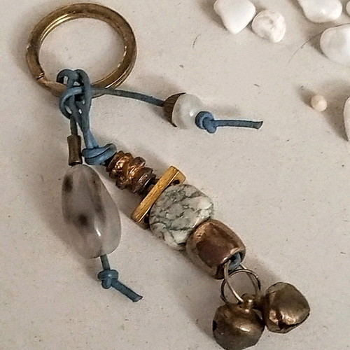 Handmade keychain new from natural materials with blue leather cord