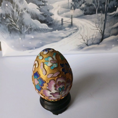Vintage Cloisonné decorative egg used, gold color with flowers