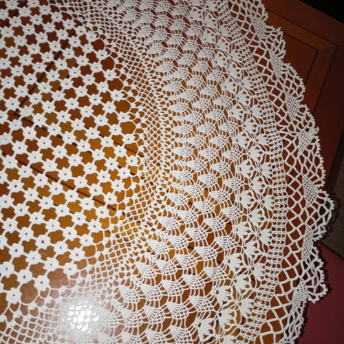 Handmade crochet tablecloth set with two small white pieces