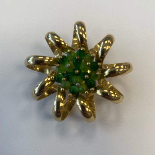 Vintage gold-plated flower brooch used, green accents