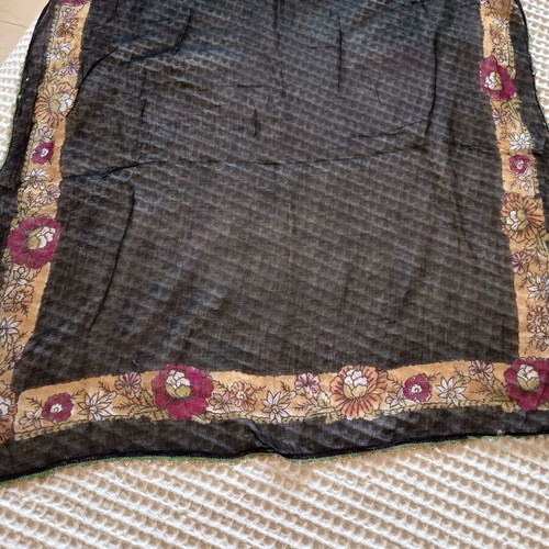 Vintage black scarf with floral design and handmade needle lace, like new
