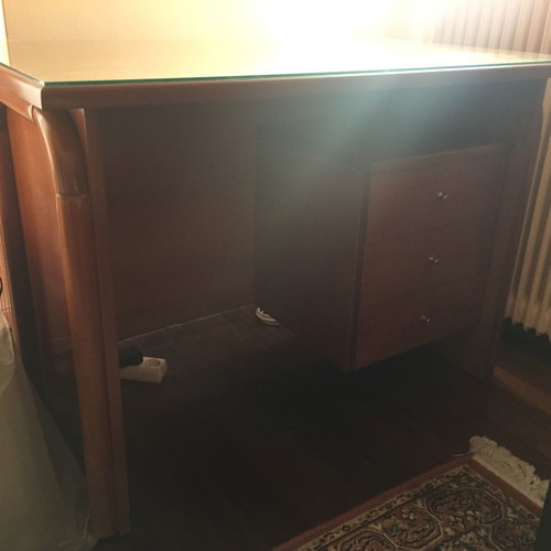 Desk made of solid wood with glass and 3 drawers used