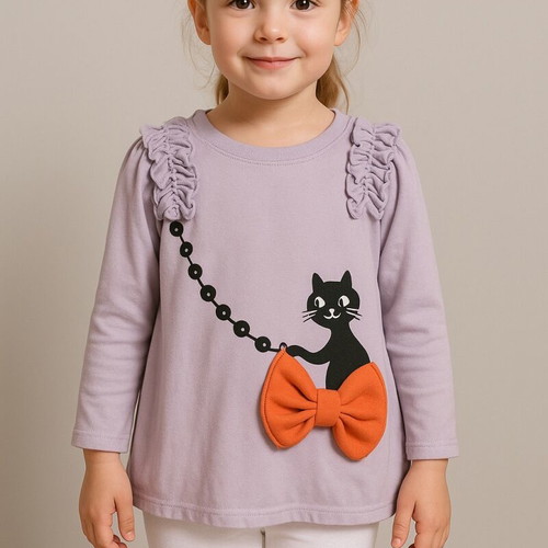 AnGou long-sleeve lilac blouse with 3D orange bow, like new, size 110 cm