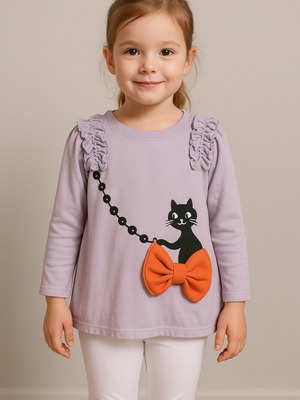 AnGou long-sleeve lilac blouse with 3D orange bow, like new, size 110 cm