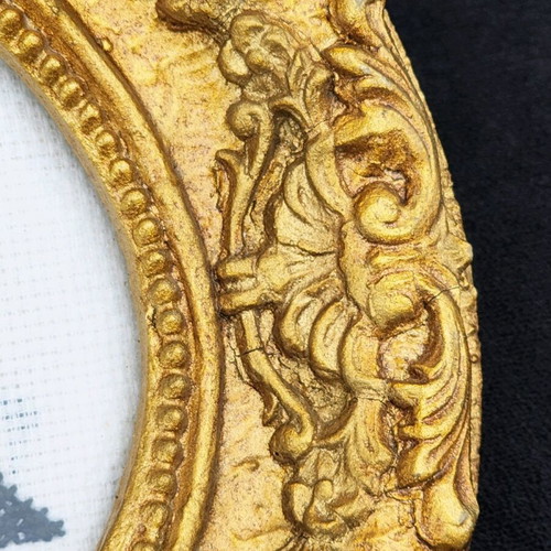 Vintage gobelin with birds used, golden baroque relief frame