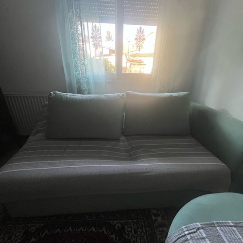 Two-piece sofa used, velvet fabric, sturdy construction