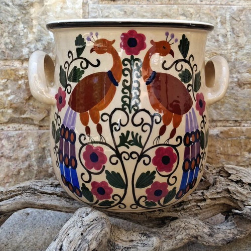 Vintage Handmade Greek Ceramic Vase Pot with Peacock Design, like new