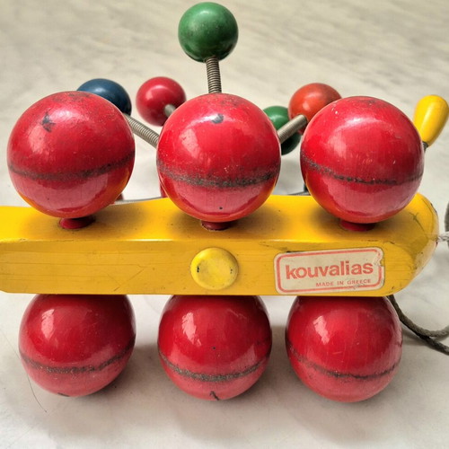Vintage Wooden Kouvalias Pull Toy used, made in Greece