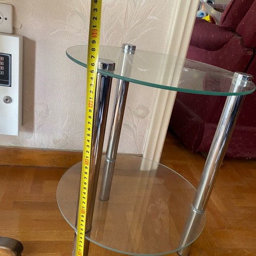 Round side table with glass surfaces and metal legs like new