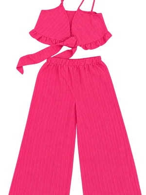 Pink linen-style summer set with adjustable crop top