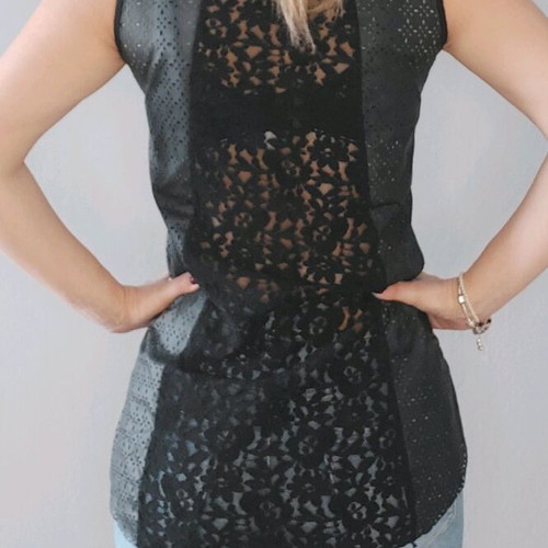Sleeveless black top with leatherette and lace like new