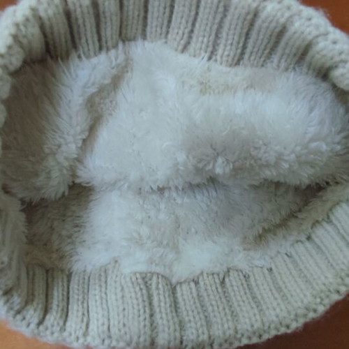 Knitted beanie hat, beige, warm with fur lining