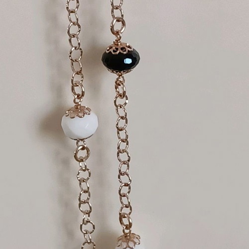 Oxette silver gold-plated necklace new with white and black beads 72 cm