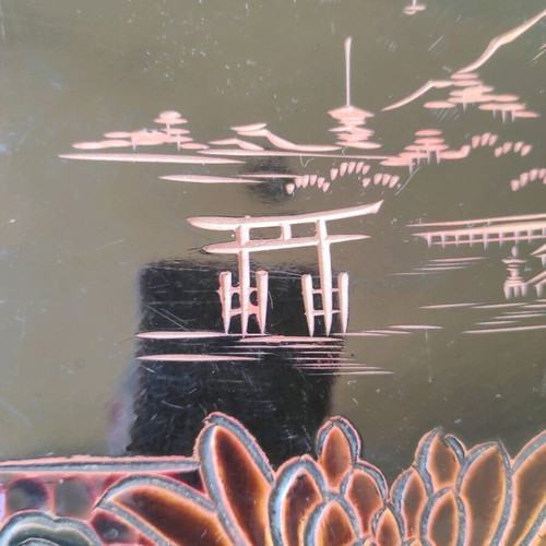 Japanese 1970s Lacquerware Carved Wooden Tray Red/Black 33x23cm like new