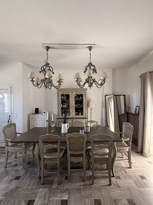 Chateau dining set with display cabinet, 8 chairs, 2 armchairs, table, 2 lights