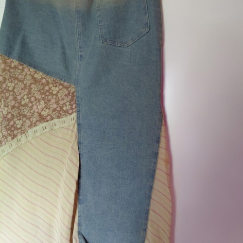 Vintage asymmetrical patchwork skirt used, M/L, beige and blue