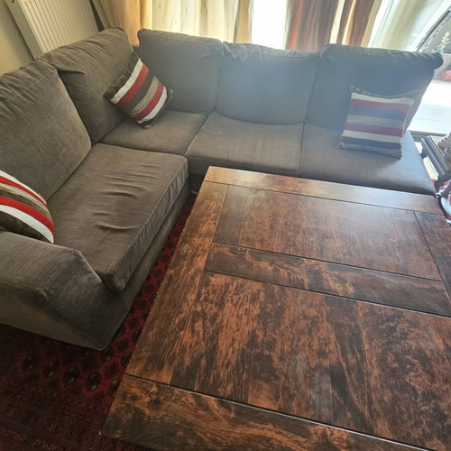 Corner sofa used, solid beech wood, gray, with ottoman extension