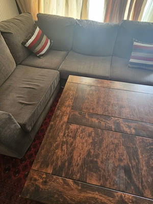Corner sofa used, solid beech wood, gray, with ottoman extension